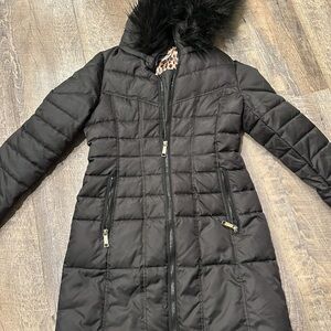 Nine West Black Quilted Puffer Coat with Faux Fur Hood